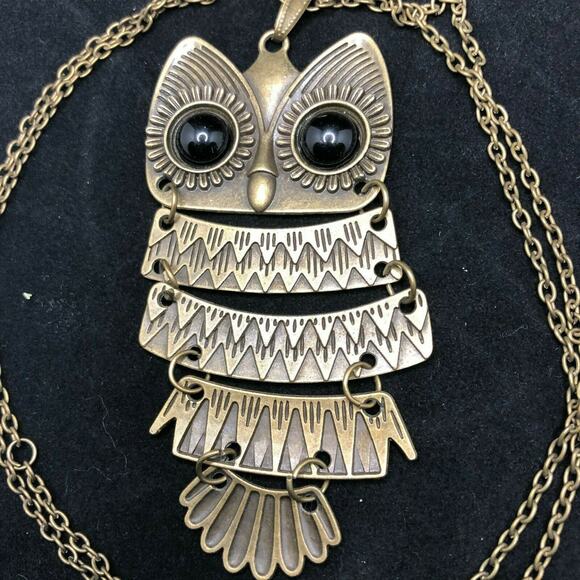 Golden Bronze Tone Tiered Owl Long Necklace Pendant Animal Jewelry Statement - Picture 2 of 4